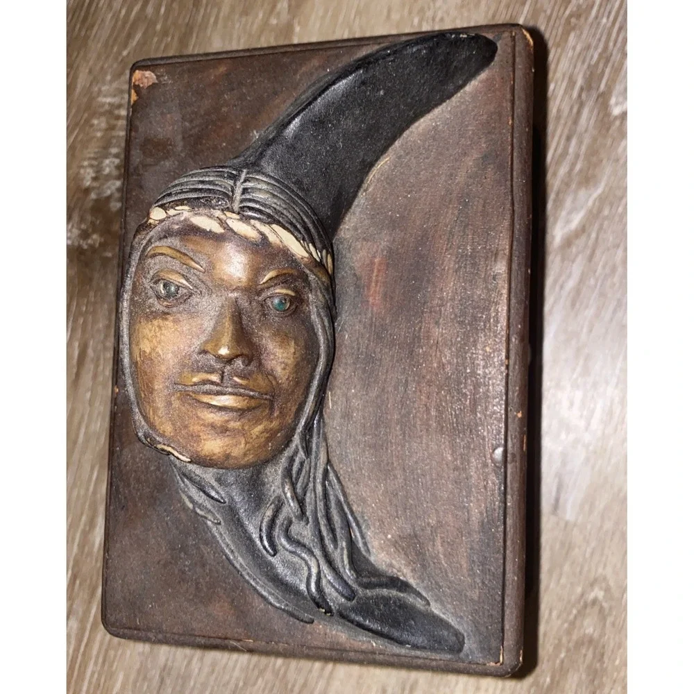 Vintage Handmade Peruvian Wood Jewelry Box with Woman and Moon Depiction